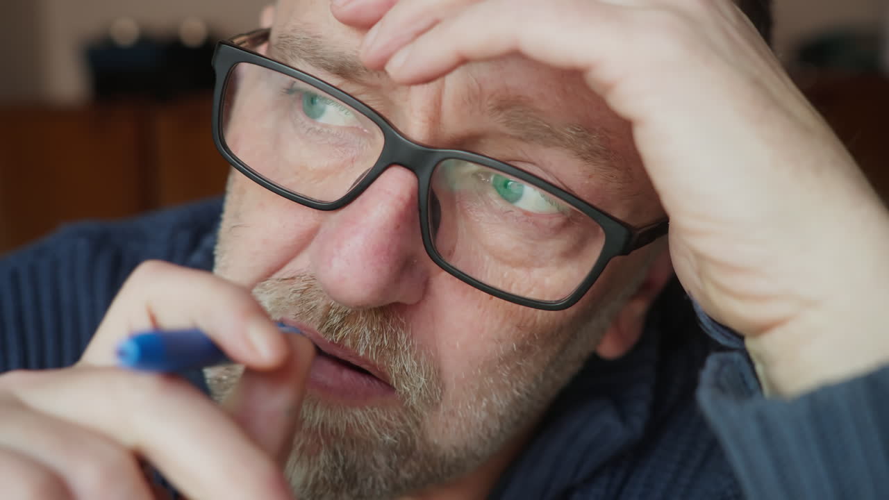 Middle-aged man with a beard and glasses sits in contemplation, twiddling a pen near his mouth. Evokes themes of writers' block, solving a mystery, deadline anxiety or academic work