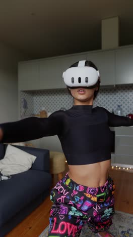 woman exercising using vr headset in her living room