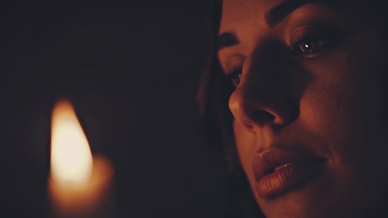 Close-up side profile of a woman's face in dim lighting, creating a mysterious and cinematic video