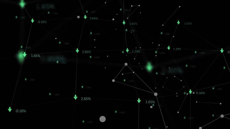 Network of connections with arrows against black background