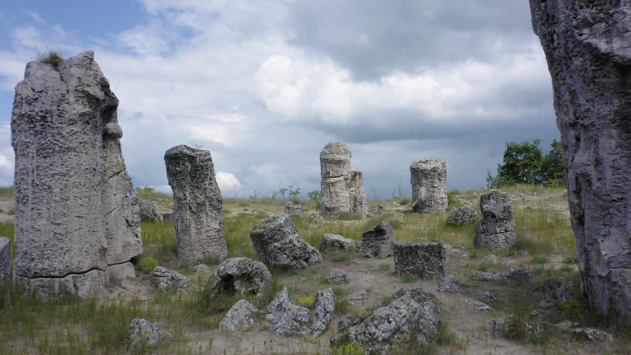 Ancient stone columns and other natural rock formations in the archaeological site of Poditi Kamani located in the town of Aksakovo, Varna Province in Bulgaria.
