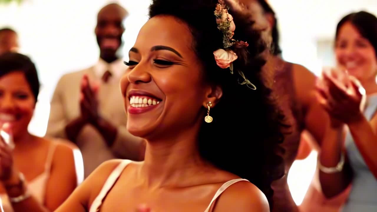 Video ravvicinato di una sposa gioiosa con un accessorio floreale per capelli, che sorride durante una cerimonia di matrimonio.