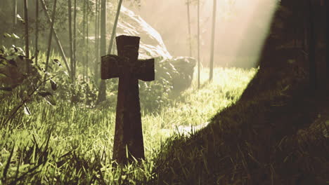 cross standing in serene forest with soft light filtering through trees