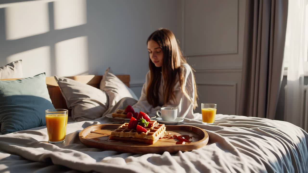 침대에서 아침을 먹는 여자