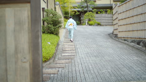 beautiful girl walking in a traditional kimono in kyoto, japan soft lighting