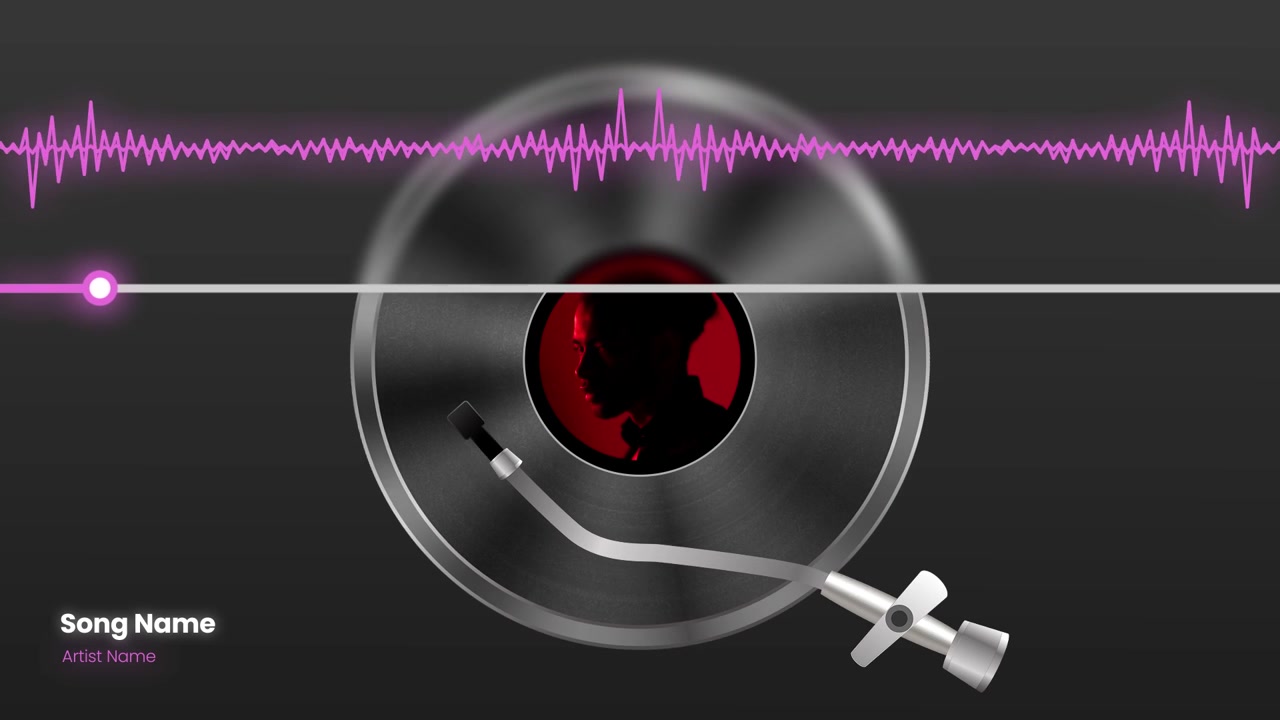 Animazione di un giradischi in vinile con visualizzazione della forma d'onda audio.