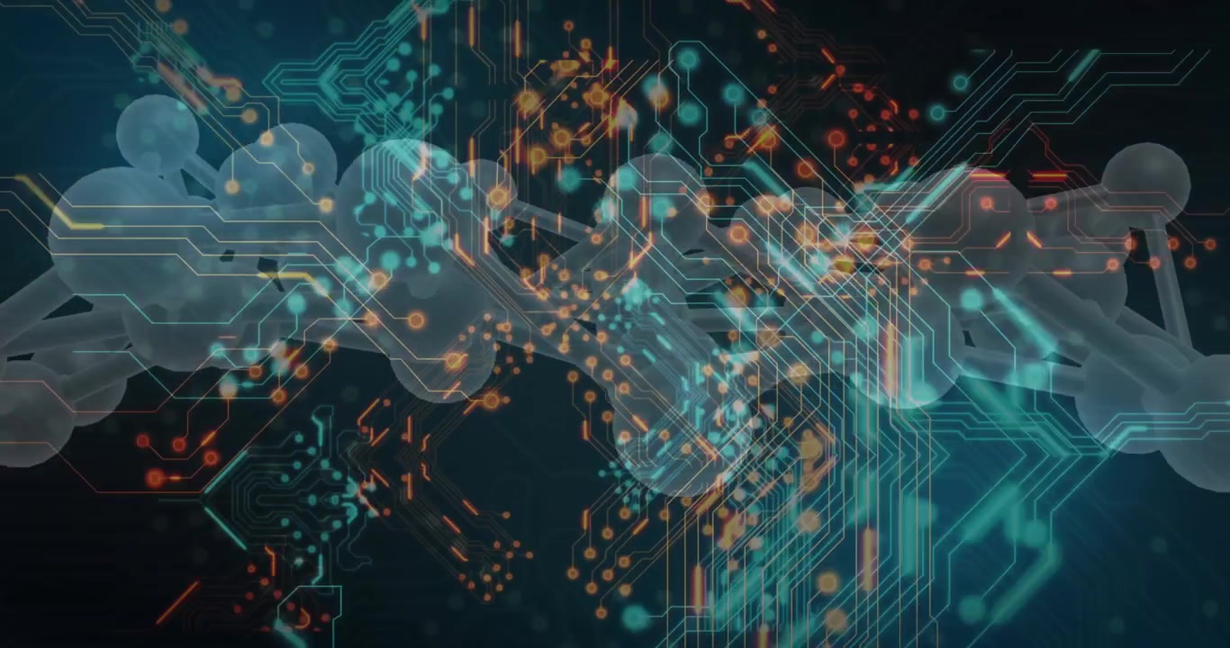 Void opening translucent 3D chain rising, neon lines weaving pulsing nodes showing data flow