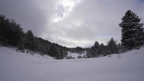 Snow-clouds-on-the-mountain-and-forest-with-pine-trees,-winter-copy-space,-timelapse