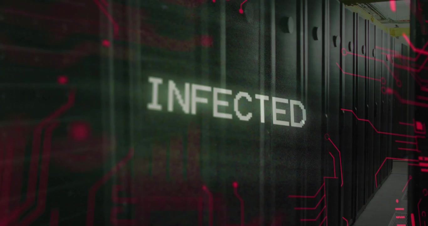 Faint red circuits flickering around INFOQ overlay morphing text into INFECTED warning over servers