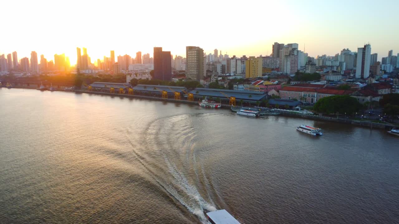 Picturesque sunset over Amazon waterfront skyline in Belem, Brazil, aerial