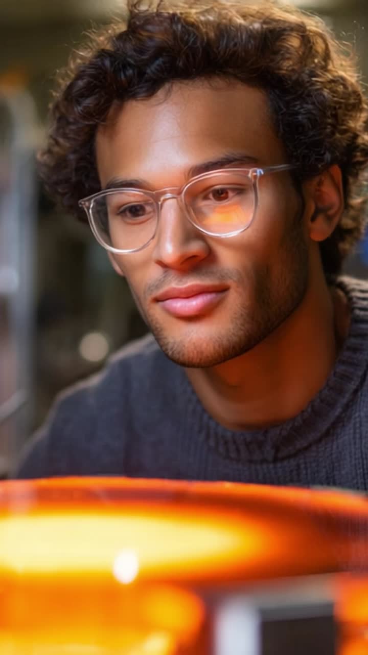 A young man with curly hair and glasses gazes intently at an orange object, highlighting a moment of curiosity and fascination in a cozy setting