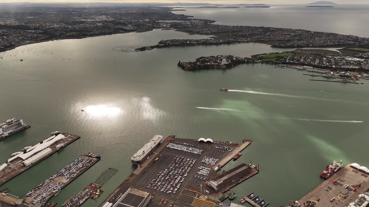 Panoramic aerial view of Auckland harbour as ferry boats arrive