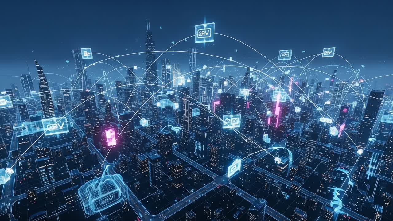 A Futuristic Cityscape with Digital Connections: An Overview of a Networked Urban Environment where Technology Meets Modern Architecture and Innovation