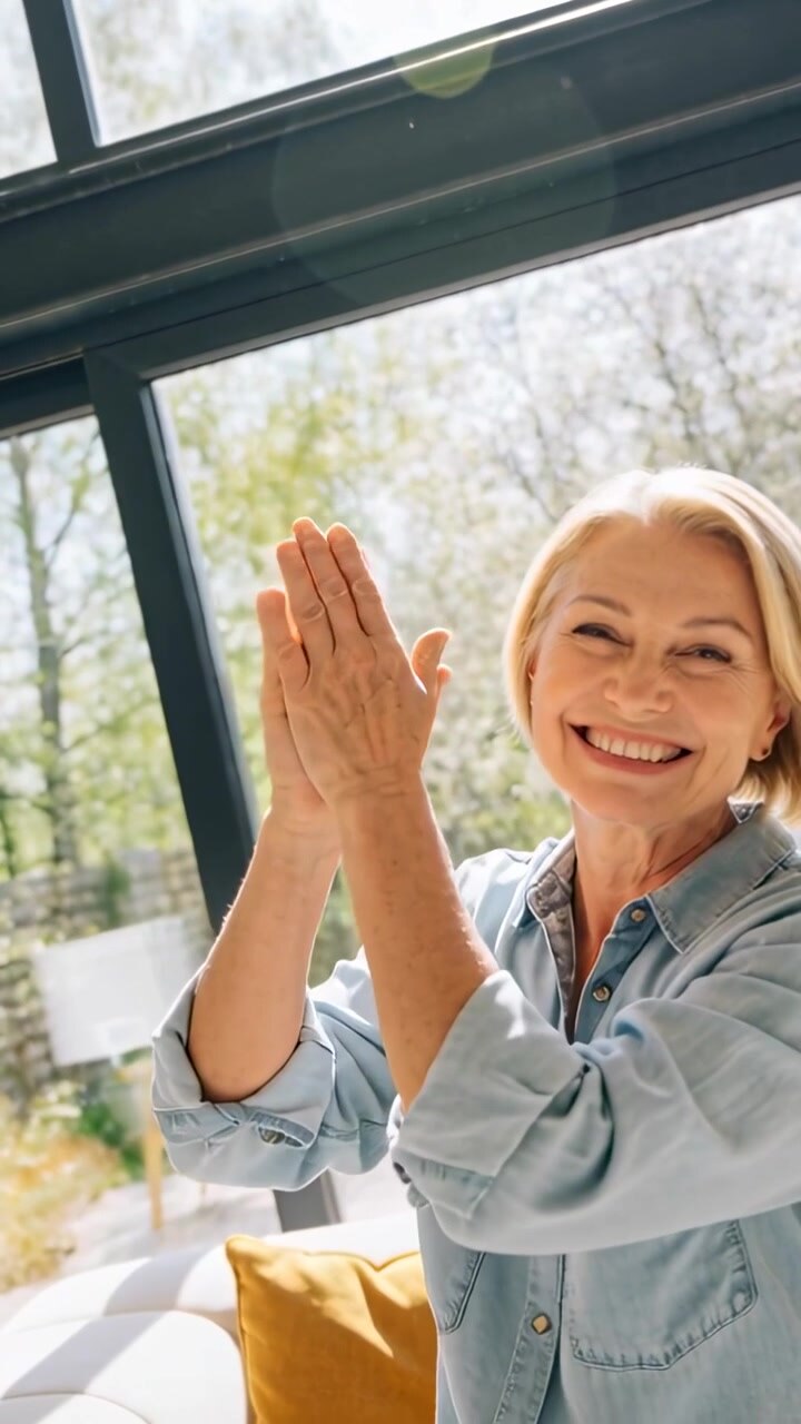 Video verticale: Donna sorridente in jeans che guarda la telecamera e applaude per salutare, seduta sul divano vicino alla finestra, con spazio per il testo.