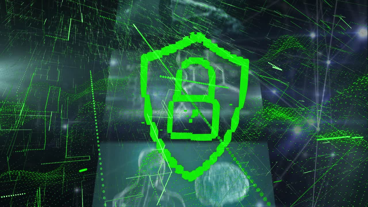 animazione dell'icona del lucchetto sulla rete di connessioni e elaborazione dei dati