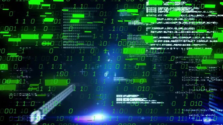 Center light initiating floating code panels and drifting green binary digits visualizing data flow