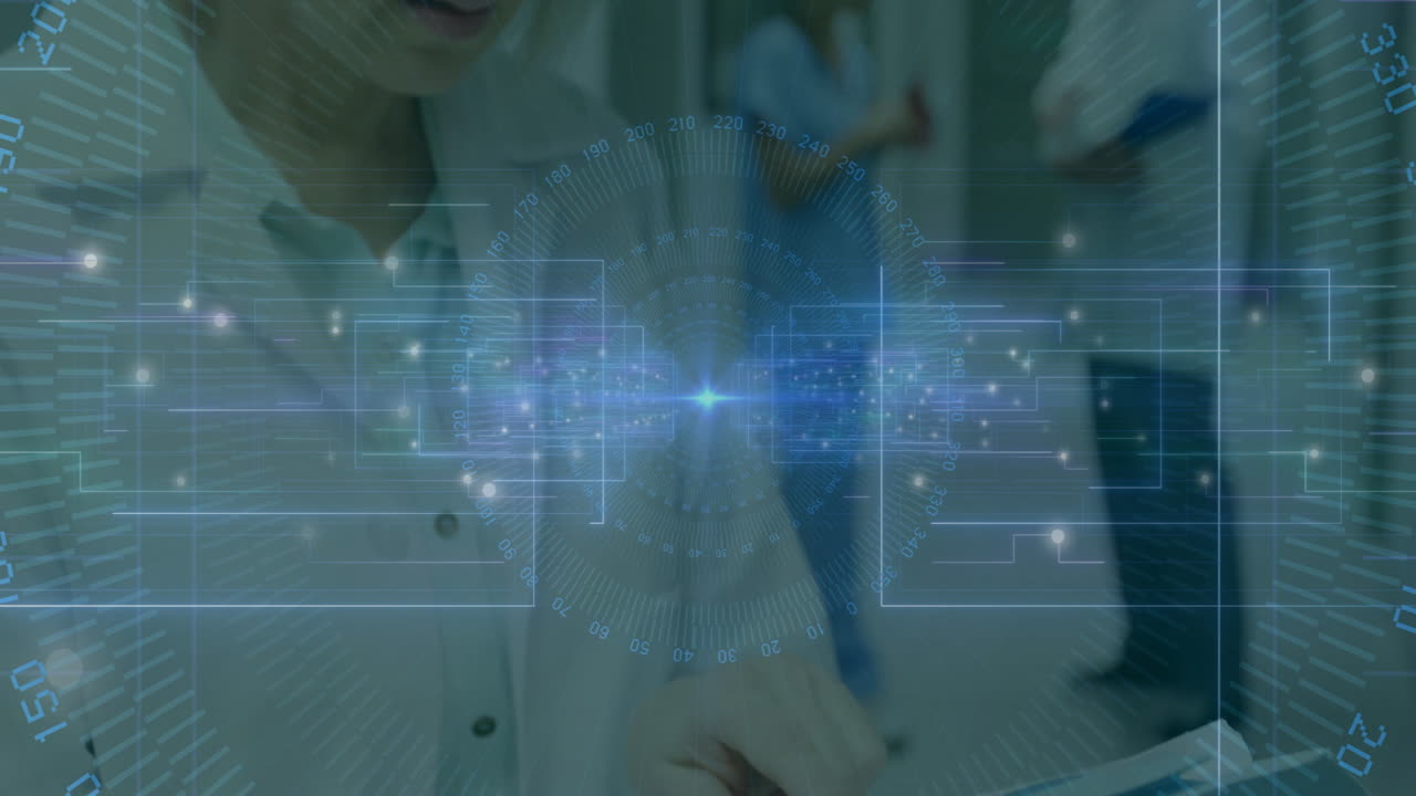 Collaboratively working, people using digital interface with data processing animation