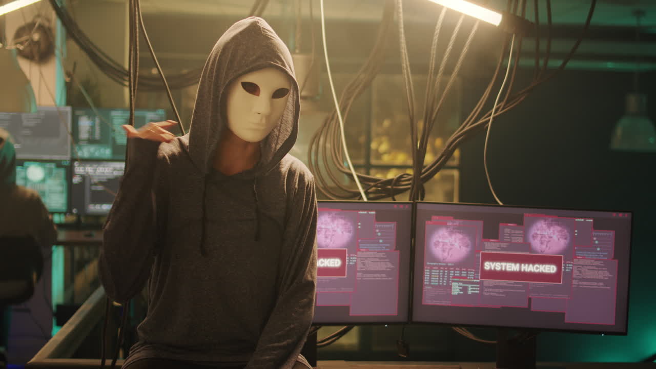 Anonymous hacker in mask sitting in front of computers