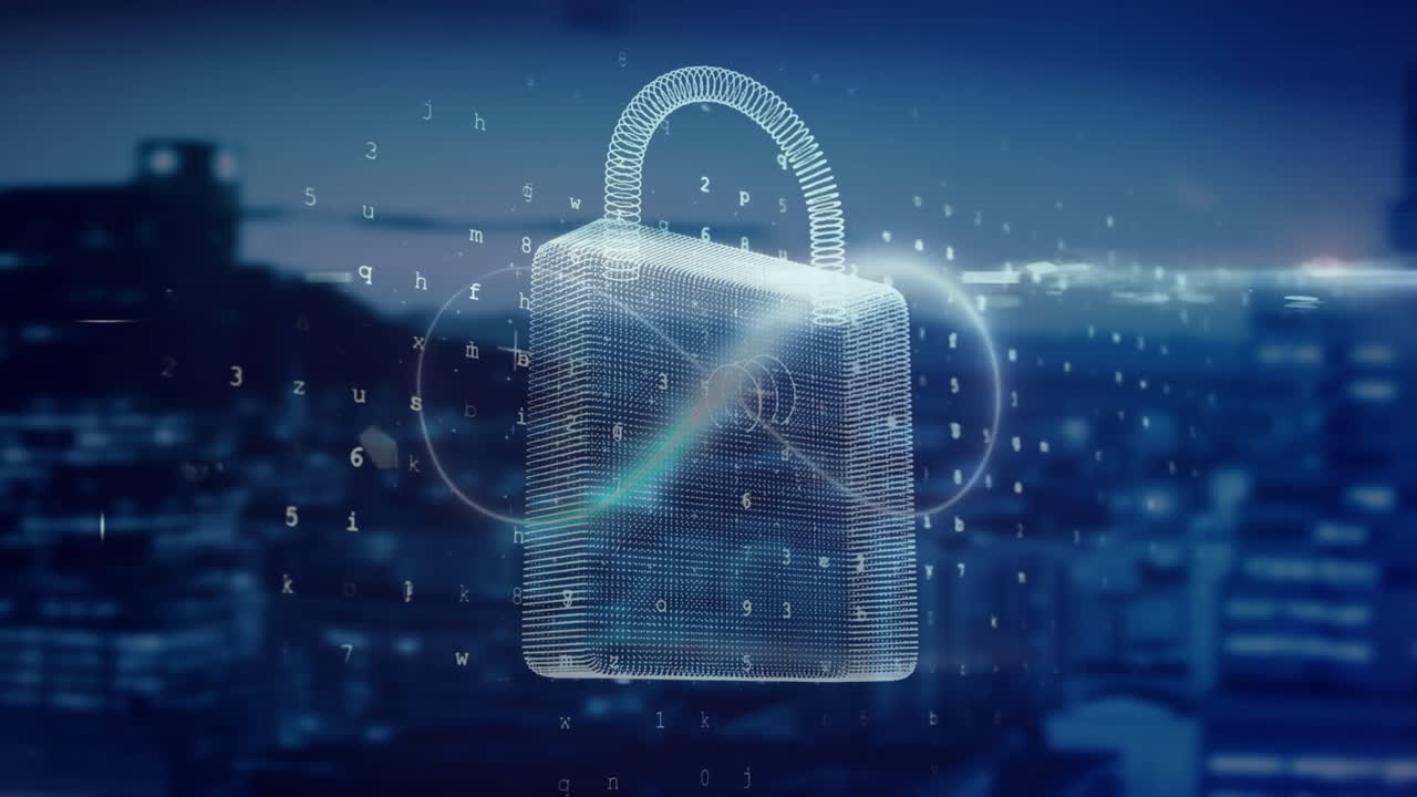 animación del símbolo del infinito, el candado y el procesamiento de datos sobre el paisaje urbano