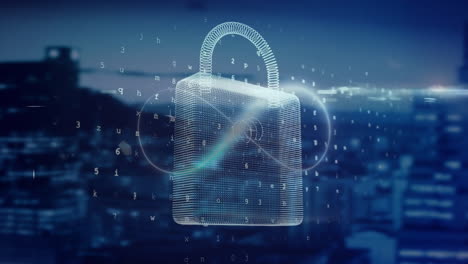 animation of infinity symbol, padlock and data processing over cityscape
