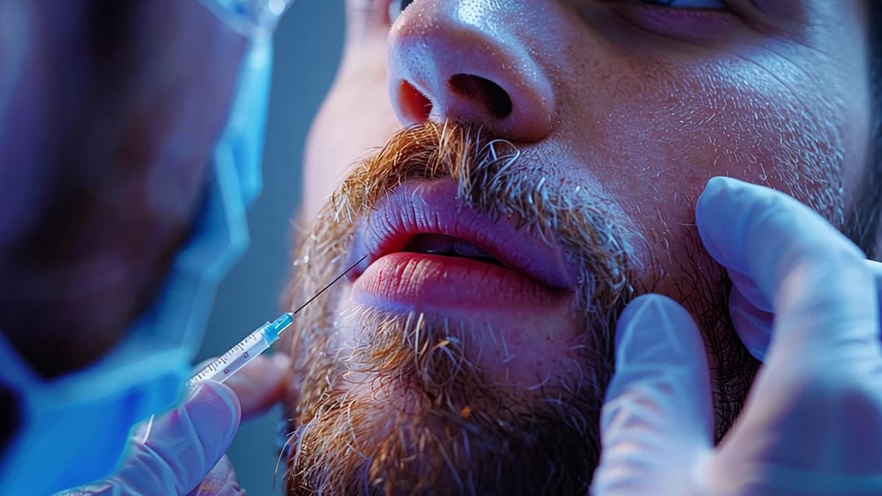 Man receiving a cosmetic lip injection