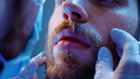 man receiving a cosmetic lip injection