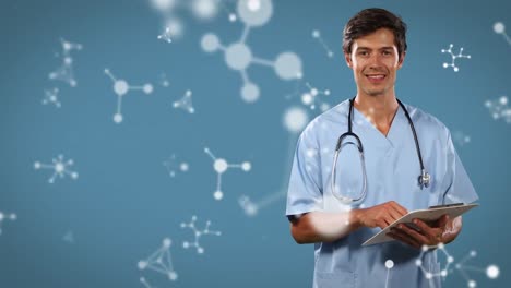 Molecular-structures-floating-over-caucasian-male-health-worker-writing-on-clipboard-and-smiling
