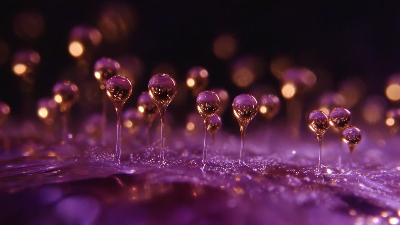 Illuminated Droplets on a Surface: Captivating Purple and Gold Microcosm of Nature's Beauty and Elegance Featuring Hydration and Reflection in Focus