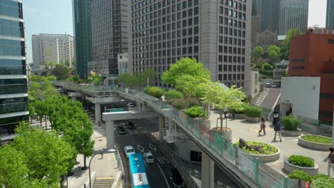 aerial view of seoullo 7017 skygarden park and city traffic