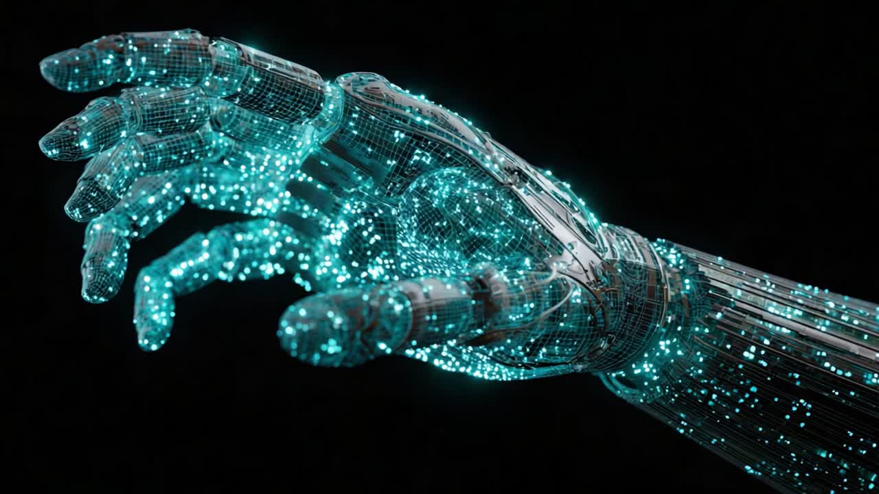A Stunning Visual Representation of a Robotic Hand Transitioning from an Open Palm to a Fist, Illuminated by Glowing Digital Particles in a Futuristic Setting