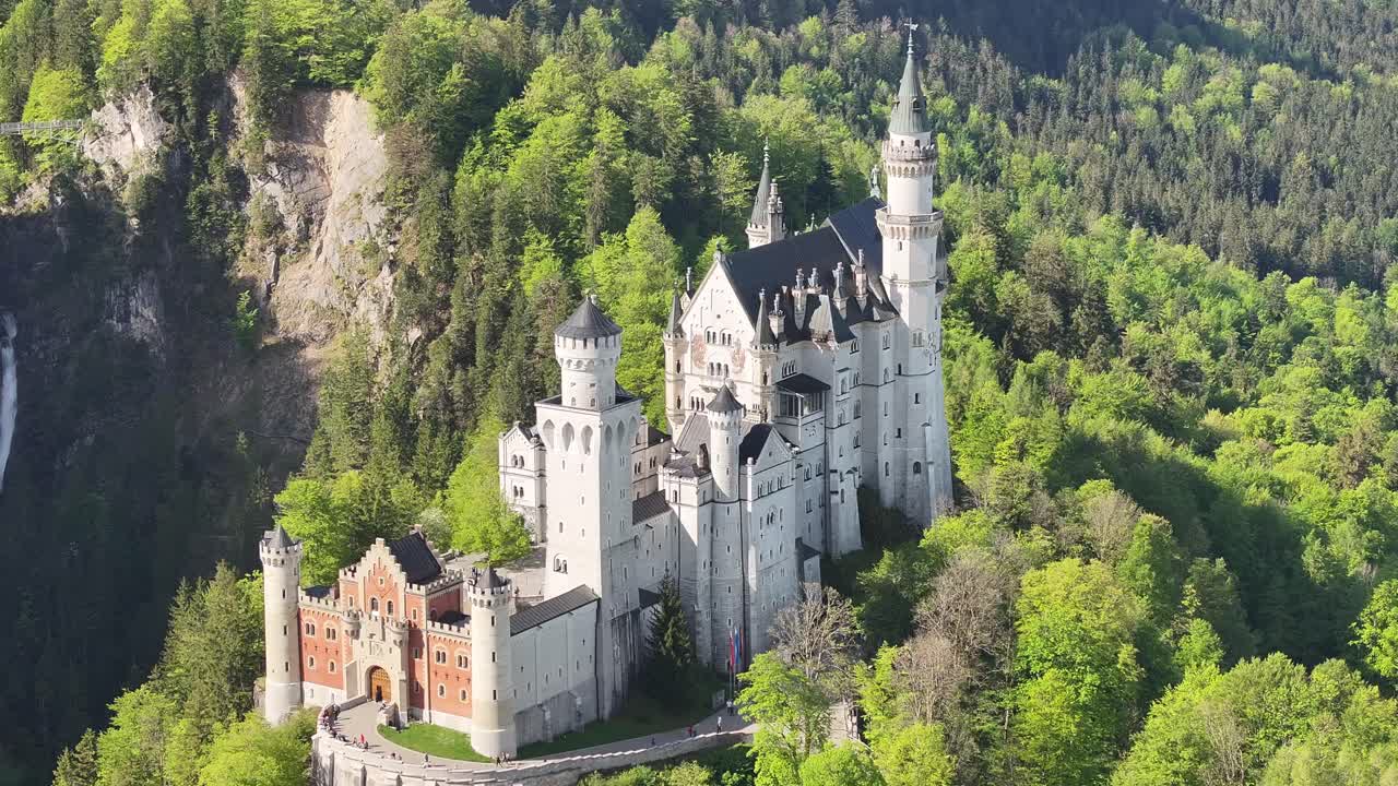 Vista aerea del famoso Castello di Neuschwanstein in Baviera, Germania, circondato da una lussureggiante foresta verde.