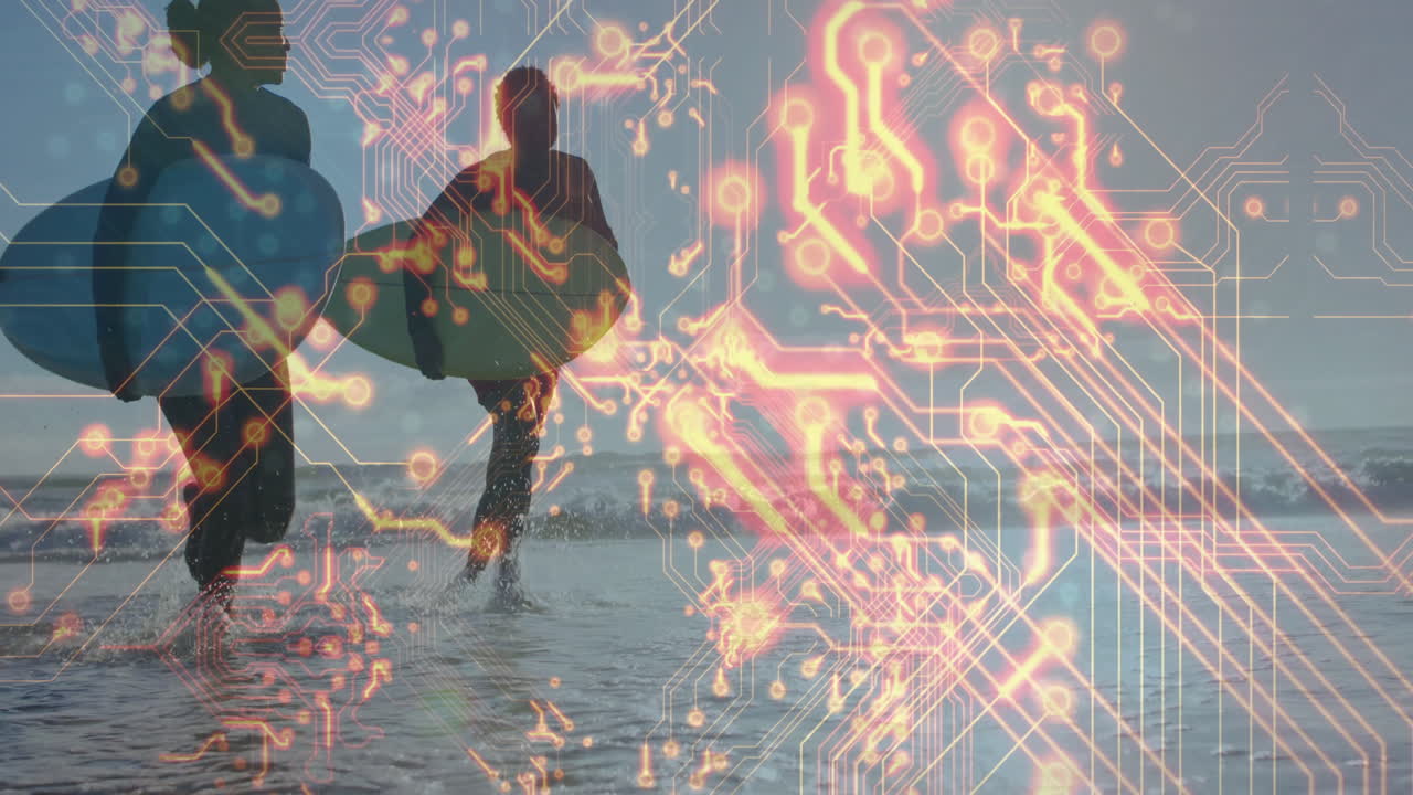 Running into ocean, surfers with animation overlay of digital circuit pattern