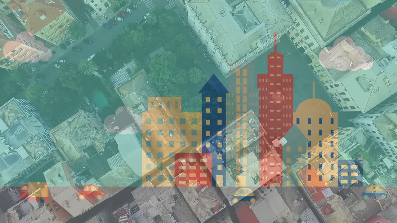 자동차와 실제 건물이 있는 건물의 애니메이션