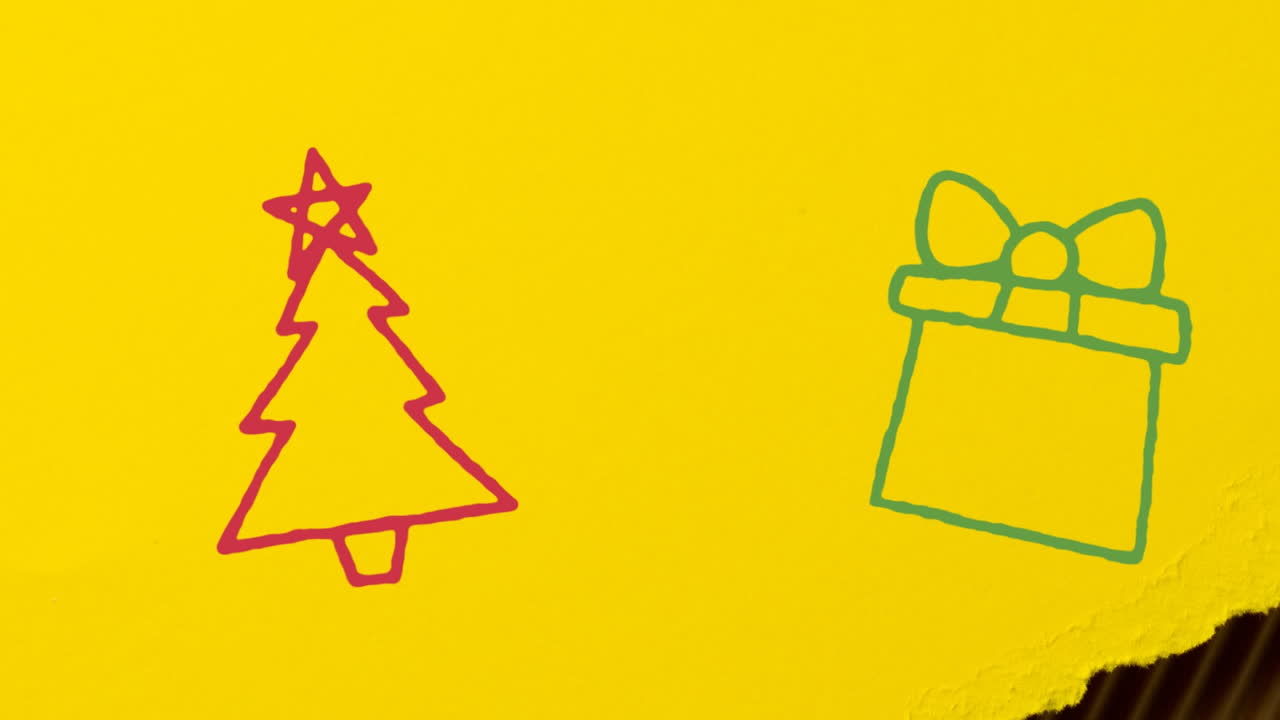 Animation of hand drawing christmas decorations on yellow paper background