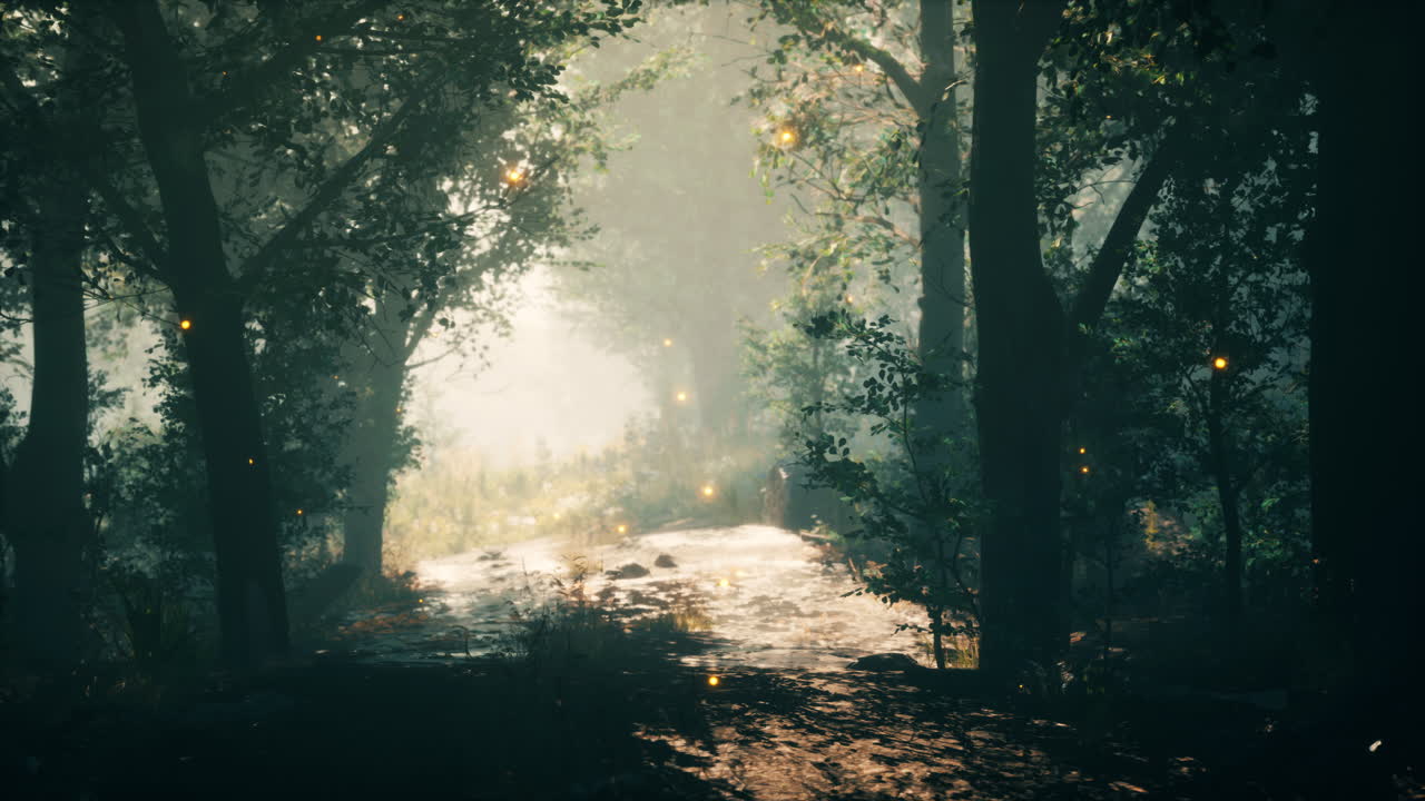 숲 속의 안개가 가득한 아침