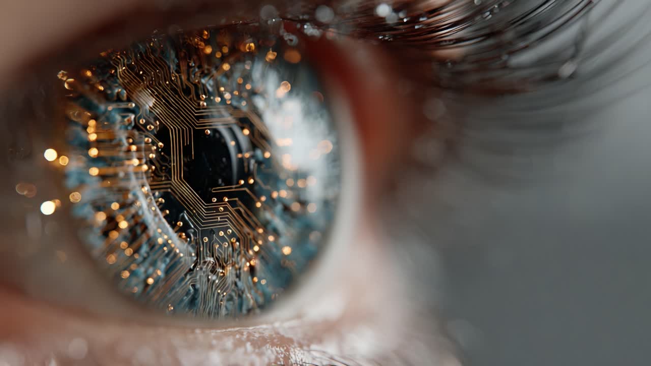 Exploring the Intersection of Technology and Humanity: A Close-Up of a Futuristic Eye with Circuitry Symbolizing Advanced Vision and Innovation