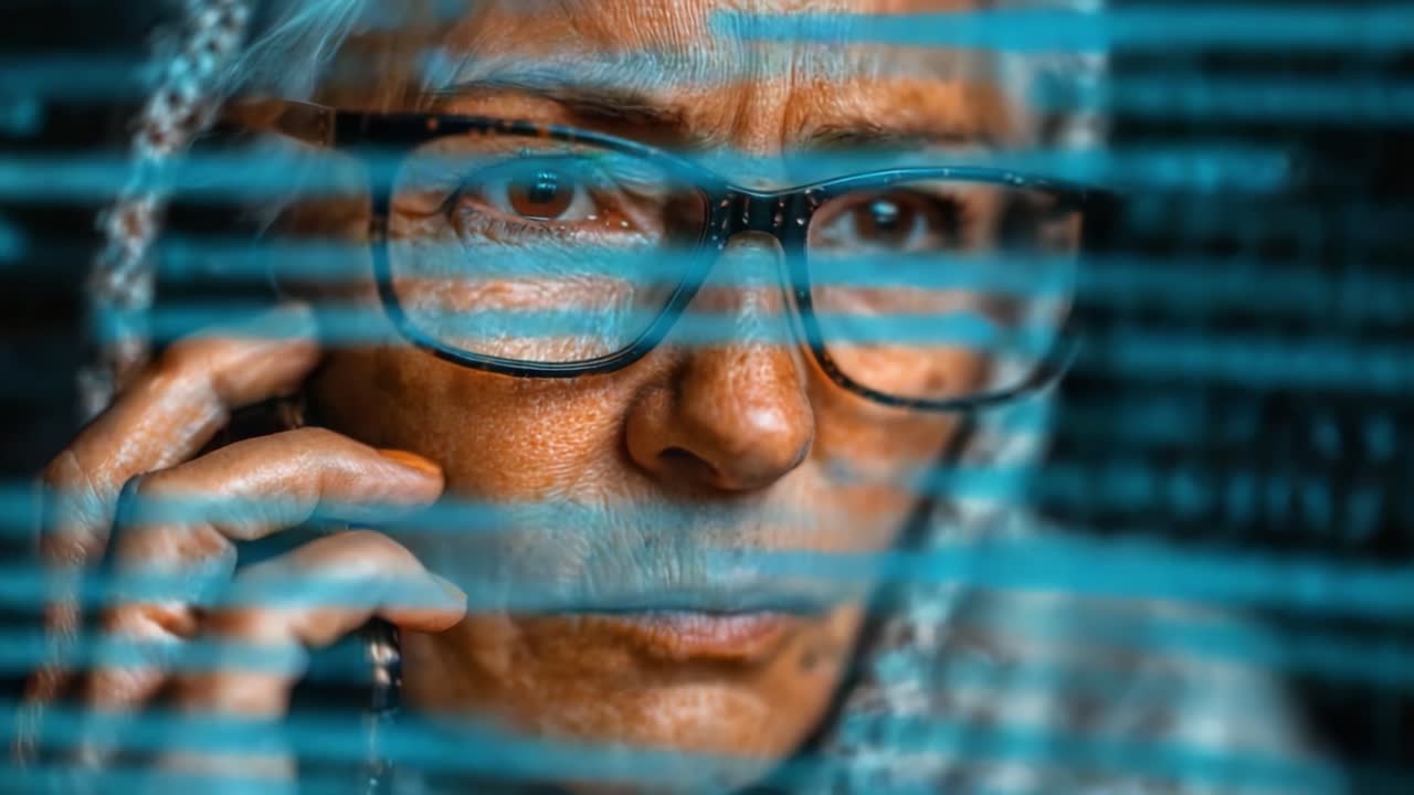 A Focused Woman Analyzing Data on a Digital Interface While Engaged in a Phone Conversation, Reflecting Intense Concentration and Insight