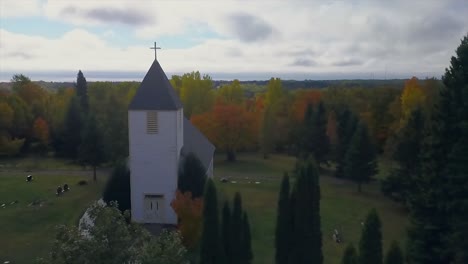 Aerial-view-of-church-in-autumn