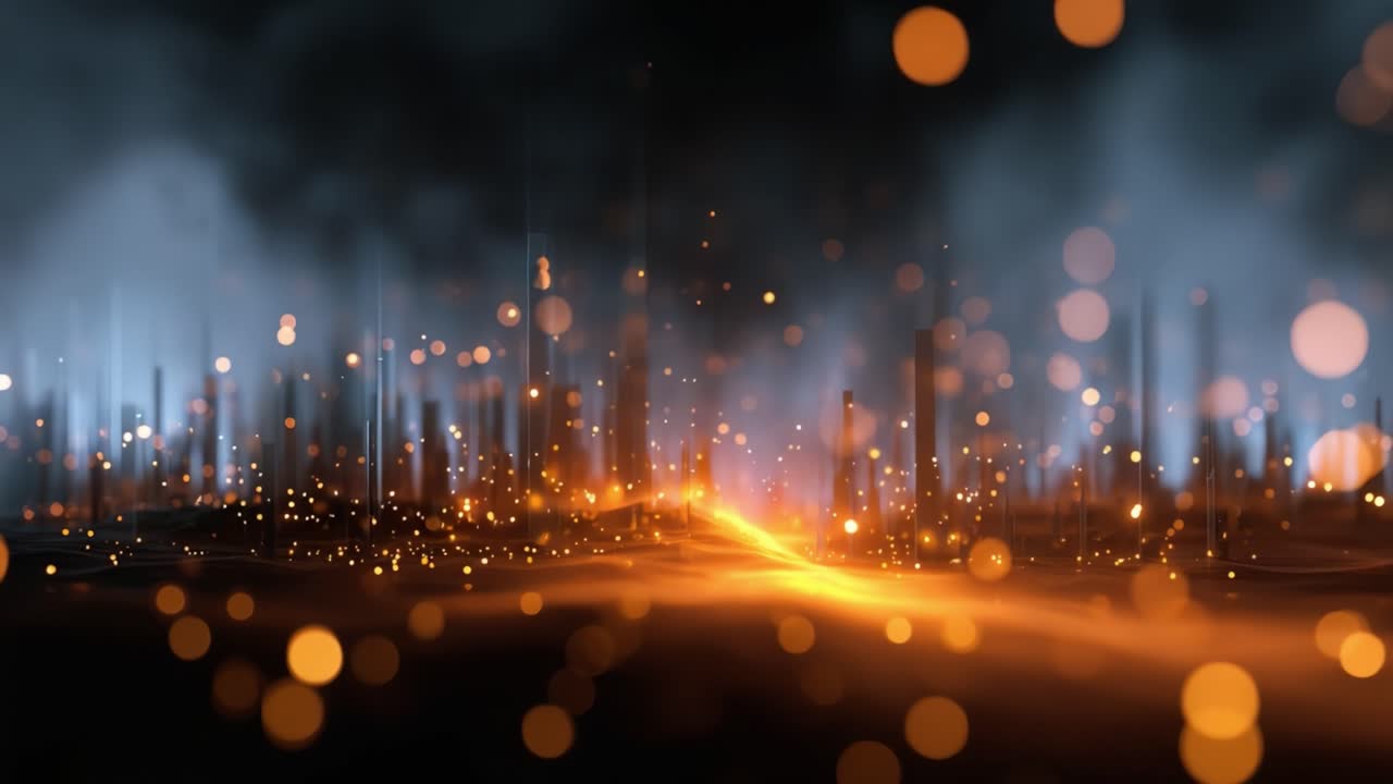 Uma mistura hipnotizante de luz e sombra cria uma paisagem etérea cheia de partículas deslumbrantes e rastros luminosos, evocando uma sensação de admiração e espanto
