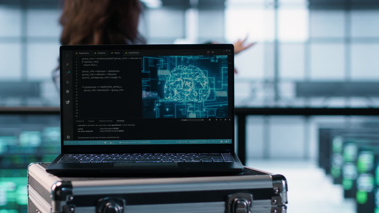 AI coding on notebook screen next to technicians inspecting servers, close up