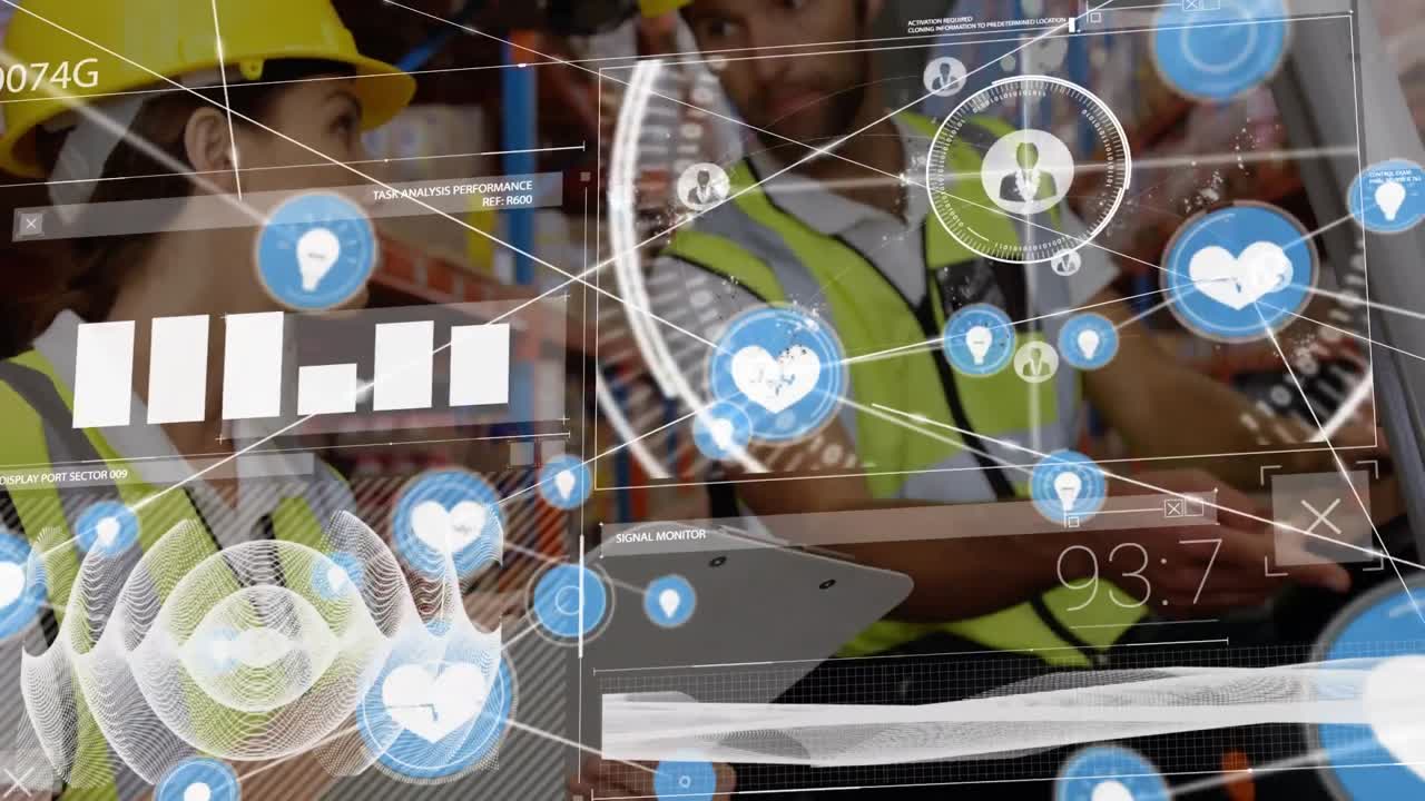 창고에서 일하는 포크리프트에 있는 여성과 남성의 연결 네트워크의 애니메이션