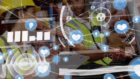 Animation-of-network-of-connections-over-woman-and-man-in-forklift-working-in-warehouse