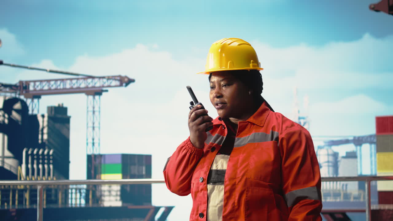 Vertical video Portrait of smiling drilling rig expert talking in walkie talkie