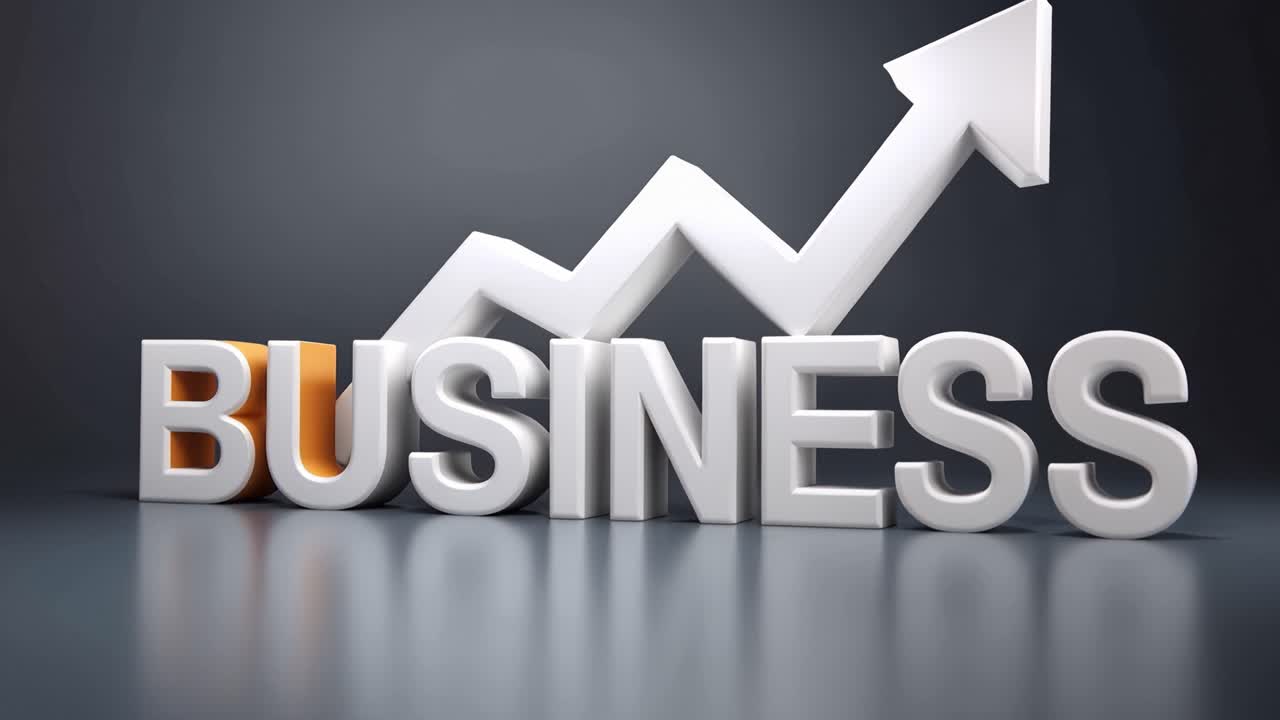 White 3D letters spell "BUSINESS" against a dark background. An upward arrow rises above the text, symbolizing growth. The scene suggests progress, success, and economic rise