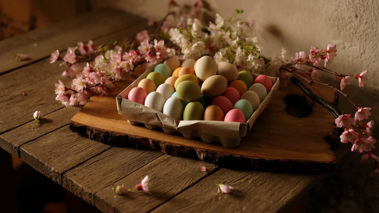Colorful Easter Eggs in Carton with Cherry Blossoms on Rustic Wooden Table