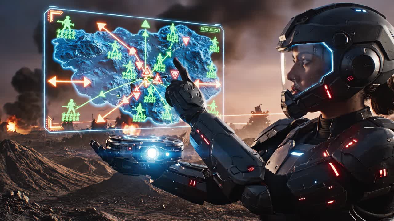 Futuristic Soldier Using Holographic Tactical Map