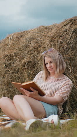 joven con gafas de sol en la cabeza descansando contra la bala de heno, leyendo un libro en el tranquilo campo, vista borrosa de los árboles y los niños jugando en la distancia