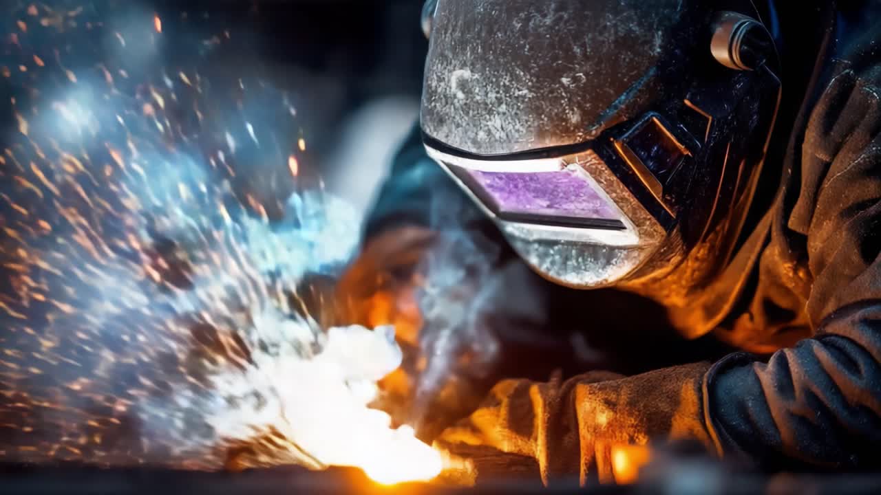 A Skilled Welder Focusing on Precision in a Dark Workshop, Surrounded by Bright Sparks and Smoke from the Welding Process, Illustrating the Artistry of Metalwork