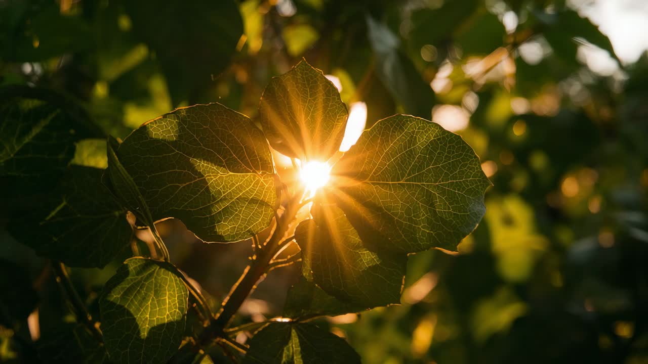 Par de folhas brilhantes revelando nervuras da hora dourada enquanto o sol passa por uma fenda, criando um starburst