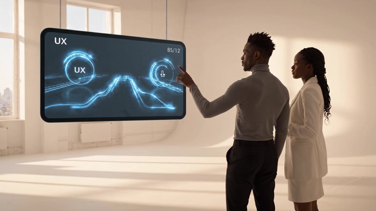 Two individuals standing in a minimalist, bright room, gazing at a large blank screen, contemplating ideas and possibilities in a futuristic, elegant setting.